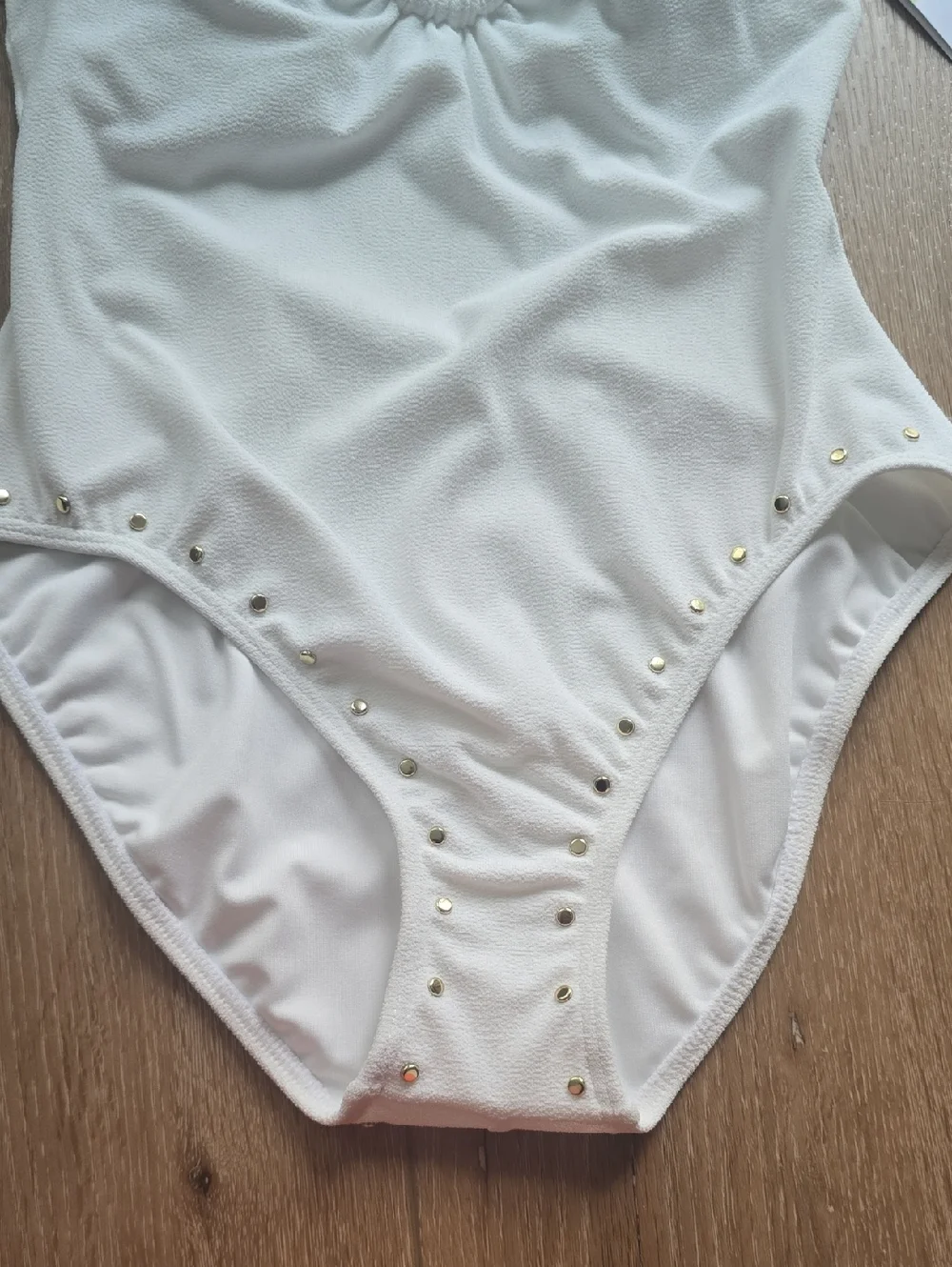 MICHAEL Michael Kors Crepe Ring Front Scoop Neck One Piece Swimsuit Gold Studded